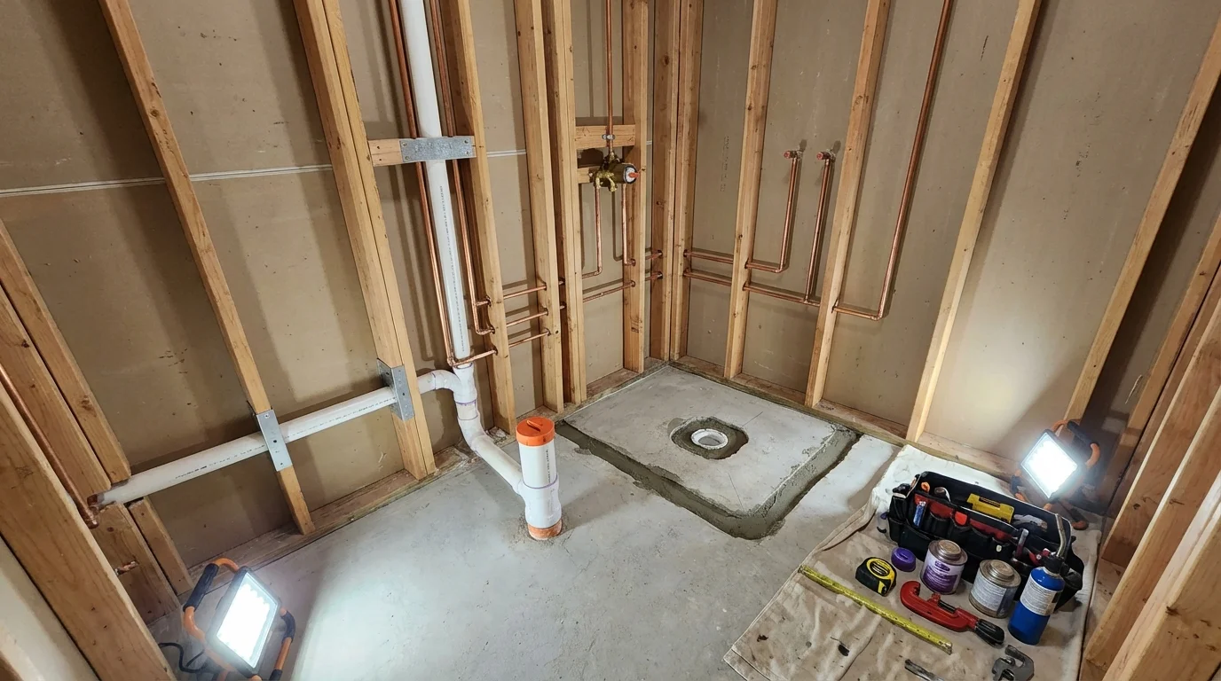 Bathroom rough-in plumbing during remodel by Johns Plumbing LLC in Damariscotta