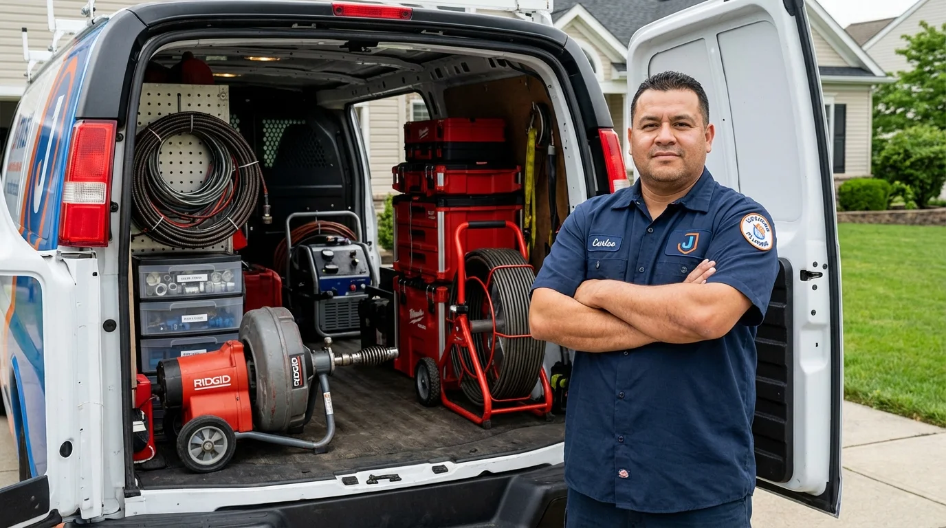 Professional drain cleaning equipment and Johns Plumbing LLC plumber in Damariscotta