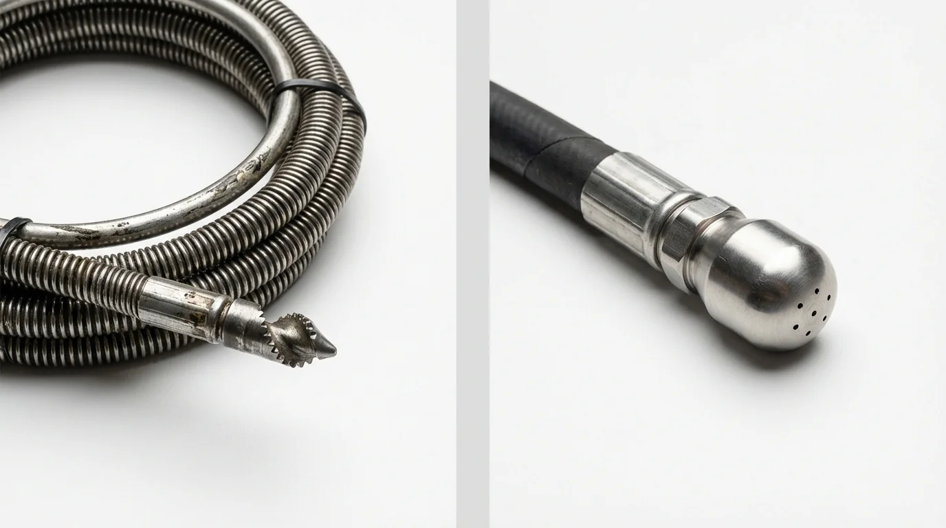Drain snake cable and hydro jetting nozzle used for drain cleaning in Damariscotta, ME