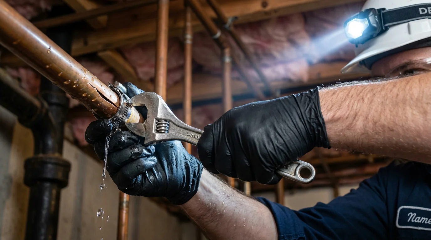 Emergency pipe clamp repair being performed by a Johns Plumbing LLC plumber in Damariscotta