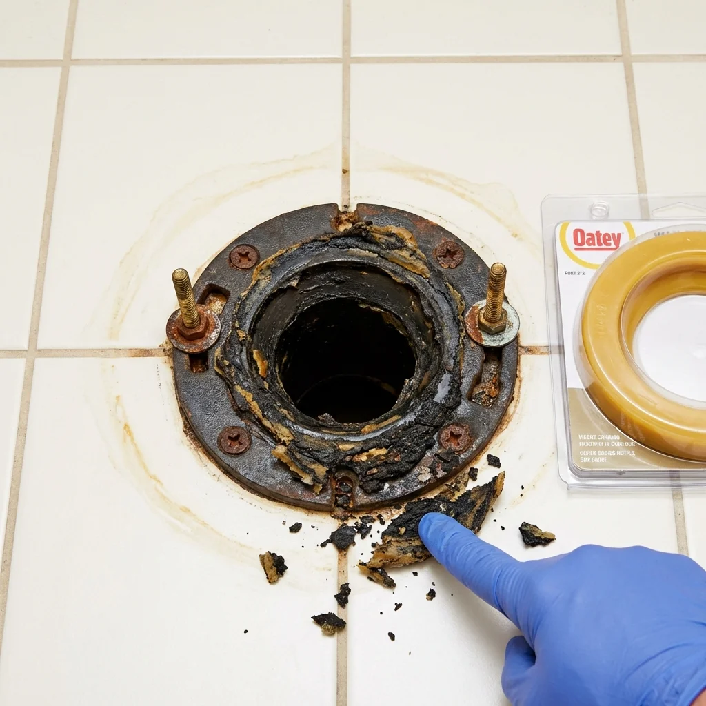 Failed wax ring showing water seepage at the base of a toilet in a Damariscotta, ME home