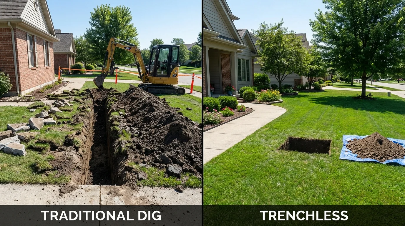 Trenchless sewer repair with minimal yard damage versus traditional excavation in Damariscotta, ME