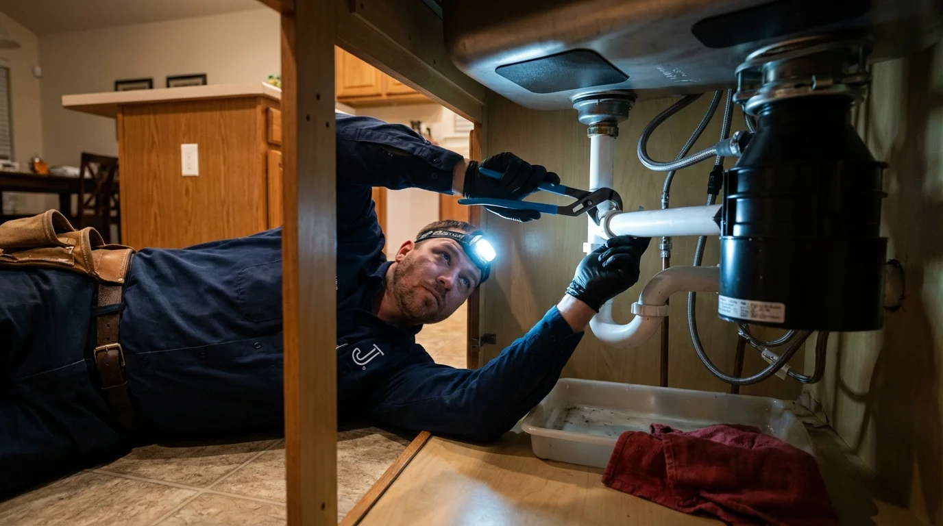 P-trap and supply line connections under a kitchen sink showing a common leak point in Damariscotta, ME